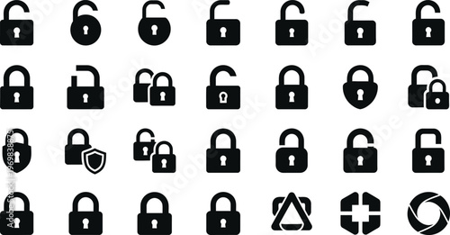 Collection of black lock icons and security symbols