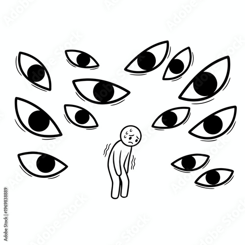 Minimalist line art illustration of a nervous person trembling while being watched by many giant staring eyes