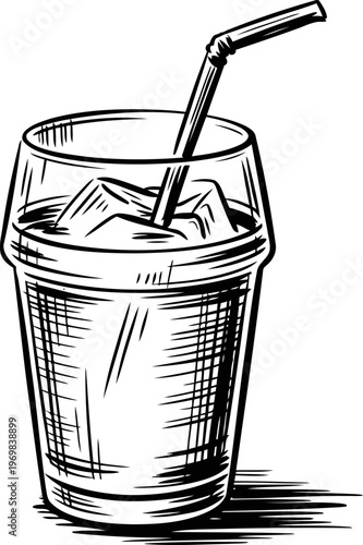 Cold drink with ice cubes and straw in a tall glass, refreshing beverage illustration