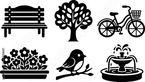 Black silhouette icons of park bench tree bicycle flower planter bird and water fountain
