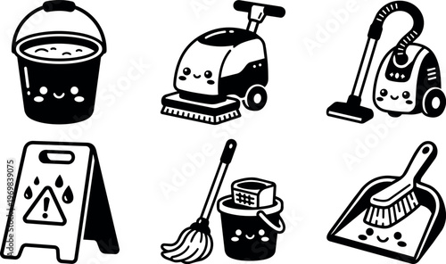 Cute black and white cleaning tools icons bucket mop vacuum and dustpan