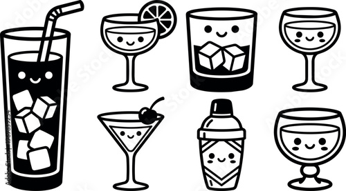 Cute black and white line art cocktail glasses and shaker with happy faces