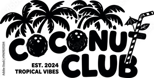 Coconut club logo with palm trees tropical vibes est 2024 black and white vector art