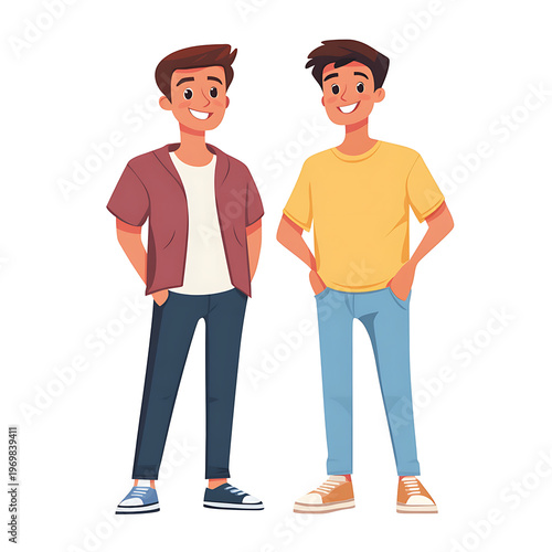 Youthful males greeting happily in casual attire