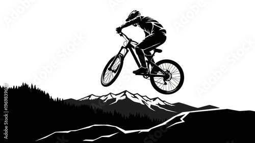 Mountain biker jumping over rocks and mountains, extreme sports, downhill biking silhouette