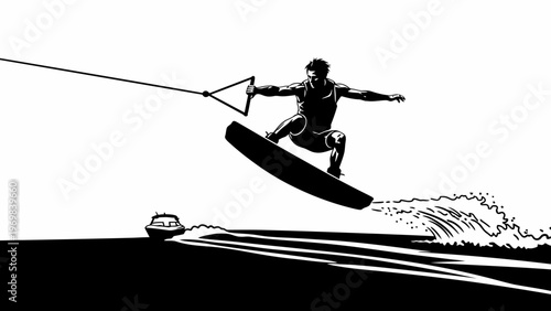 Silhouette of a wakeboarder jumping high behind a boat on a sunny day