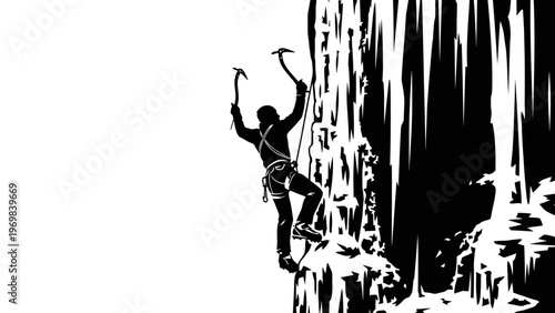 Silhouette of a climber scaling an icy cliff face with ice axes, black and white.