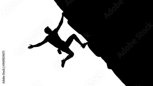 Silhouette of a rock climber scaling a steep cliff face against a white background