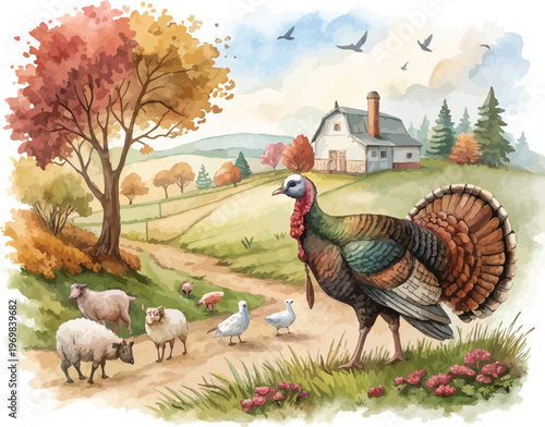 Turkey Watercolor, Rustic Farm Bird Clipart, Isolated Vector Illustration