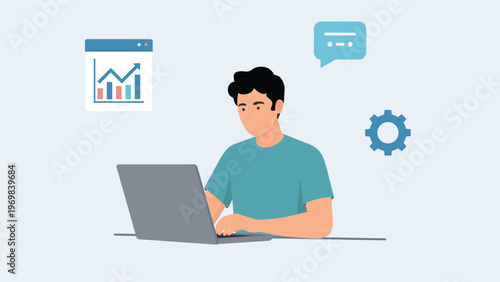 Flat vector illustration of a person working on a laptop, simple background, floating minimalist icons: chart, message, gear, balanced negative space