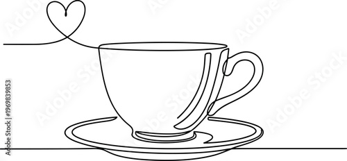 Teacup with heart line art vector illustration showcasing beverage, love, minimalism, café, drink, design