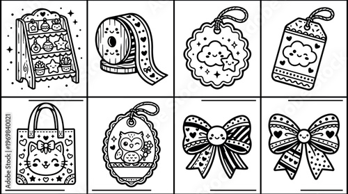 Black and white kawaii ribbons tags and cute cat owl illustrations vector art