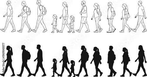 Black silhouette and line art set of diverse people walking forward including men women and children with backpacks for travel adventure and community concept