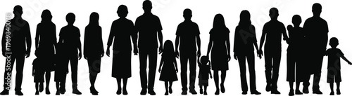Black silhouette of a large multi generational family with children parents and grandparents standing together in a row isolated on a white background for community concept