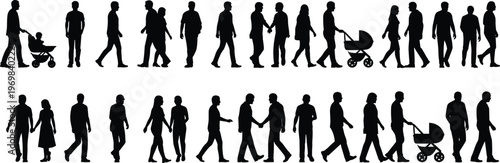 Black silhouette set of diverse people walking holding hands and pushing baby strollers isolated on white background for urban lifestyle and community concept