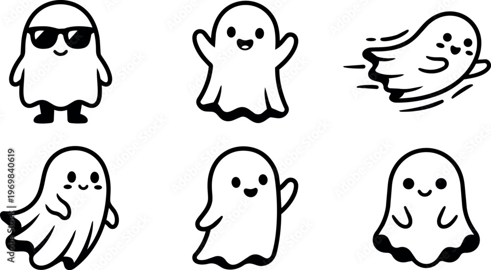 Obraz premium Cute black and white line art ghost characters with different poses and emotions