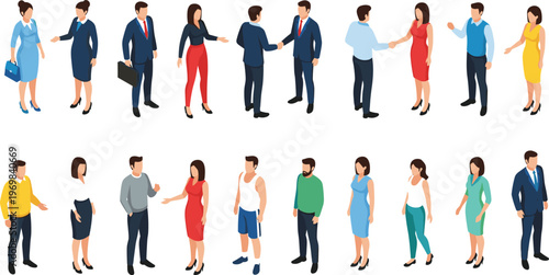 Isometric vector illustration set of diverse business people and casual characters standing talking and shaking hands isolated on white background for corporate teamwork
