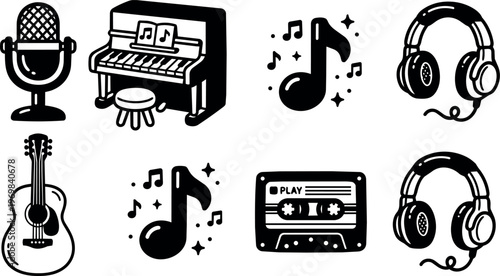 Black and white line art music icons with microphone guitar cassette and headphones