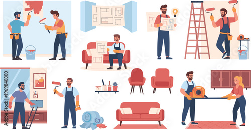 Illustration of Various Home Improvement Activities Including Painting, Renovating, and Decorating with Tools, Furniture, and Blueprints