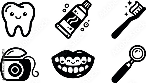 Black and white dental care icons with smiling tooth toothpaste toothbrush and floss