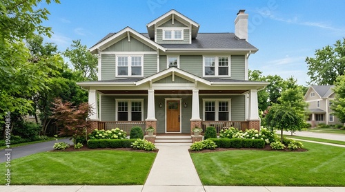Exterior of a beautiful green suburban home with a welcoming front porch and landscaped yard on a sunny day