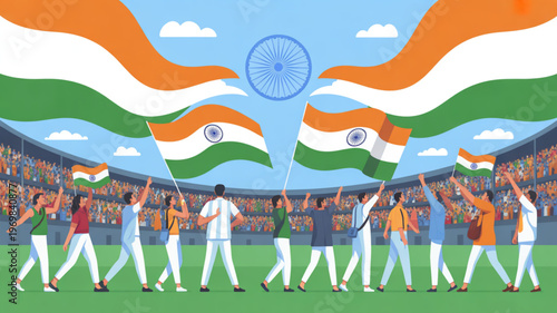 People celebrating indian independence day with flags in a stadium
