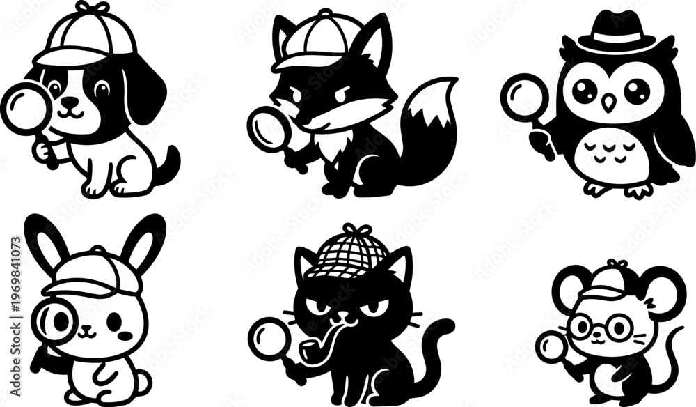 Obraz premium Black and white detective animals with magnifying glasses and hats vector art