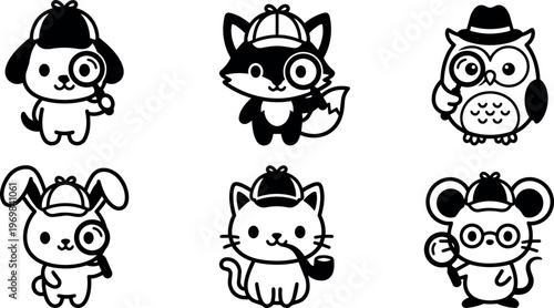 Black and white cute detective animals with magnifying glasses and hats vector art