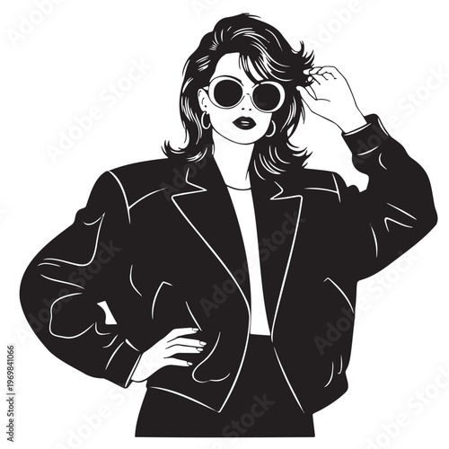 Stylish woman in sunglasses and leather jacket with black and white with cool girl with fashion icon