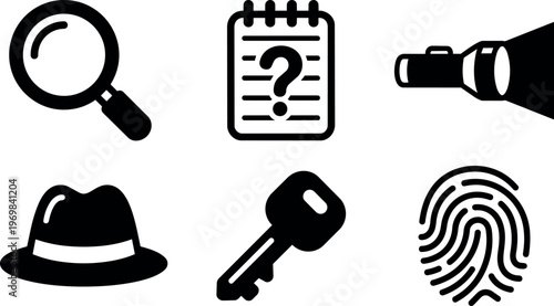 Black silhouette search flashlight key hat fingerprint question mark icons