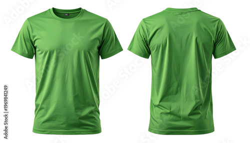 Front and back views of a solid green crew neck t-shirt on a black background