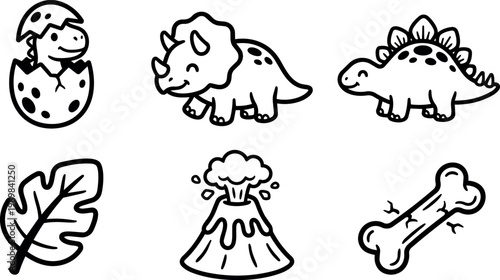 Cute black and white dinosaur hatchling triceratops and stegosaurus line art with volcano leaf and cracked bone