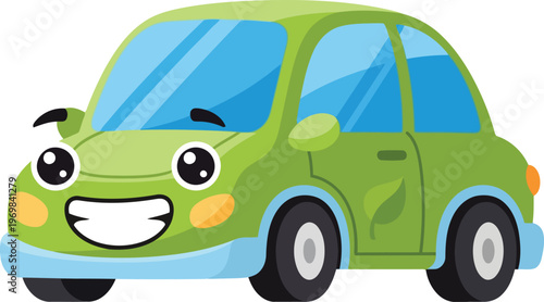 cute electric car cartoon, colorful flat vector illustration with wheels and headlights for eco friendly transportation designs