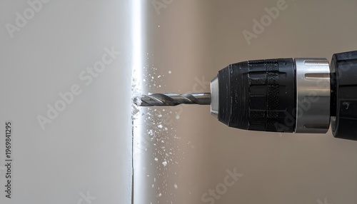 Close-up of a drill bit creating a hole for installing shelf, with flying dust