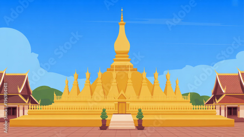 Golden temple with brown roofs and blue sky background stupa and buddhist architecture illustration