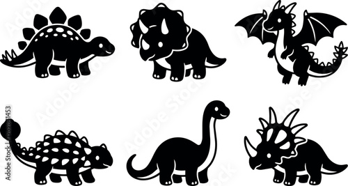 Black and white dinosaurs and dragon cartoon vector art collection