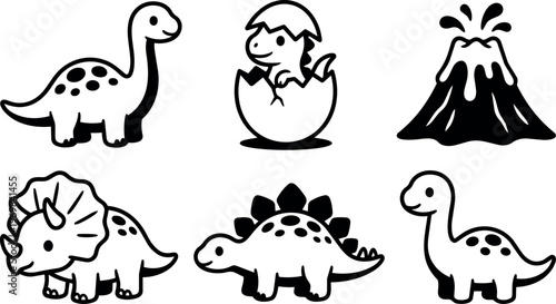 Cute black and white cartoon dinosaurs with volcano and baby hatching egg vector art