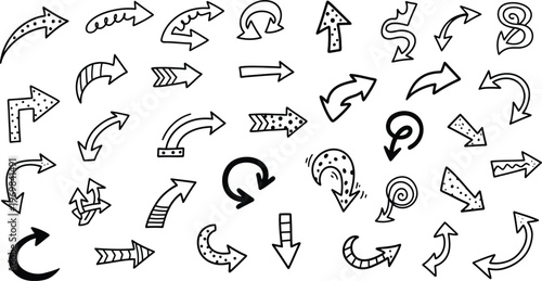 Collection of hand drawn black and white arrows in various directions