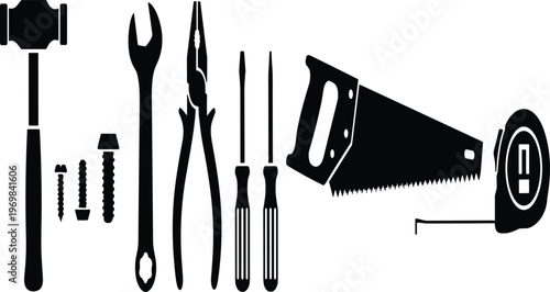 Black Silhouettes of Hand Tools Set Including Hammer Saw Pliers Screwdriver Wrench and Tape Measure for Carpentry Woodworking Home Improvement DIY Projects and Construction Maintenance Graphics