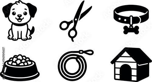 Puppy scissors collar food bowl leash and dog house