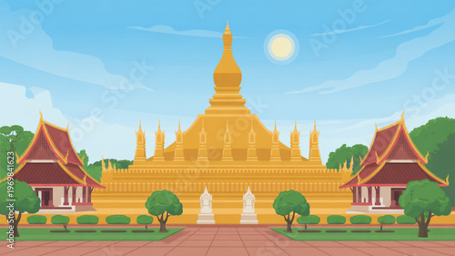 Golden buddhist temple with red and gold buildings fountains and trees under a blue sky with sun