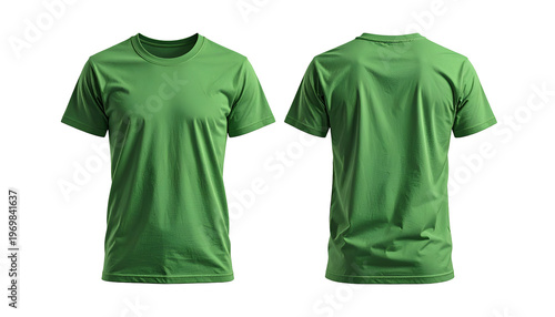 Front and back views of a solid green crew neck tee on a black background