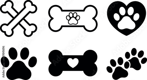 Black and white dog paw and bone icons set with hearts