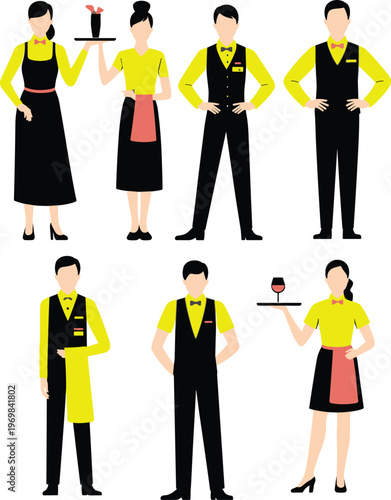 Professional restaurant staff and waiter characters in yellow shirts and black vests holding trays and wine glasses for hospitality industry service vector illustration.
