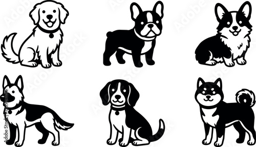 Six different dog breeds sitting and standing