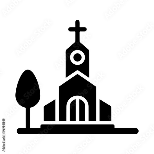 Minimalist Church Icon with Steeple and Tree.