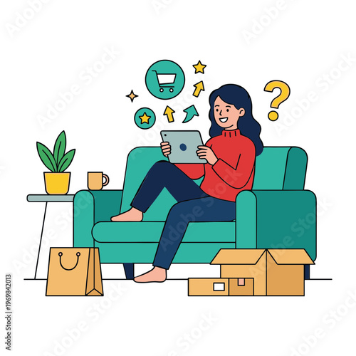 Woman sits on couch with tablet surrounded by shopping bags and symbols