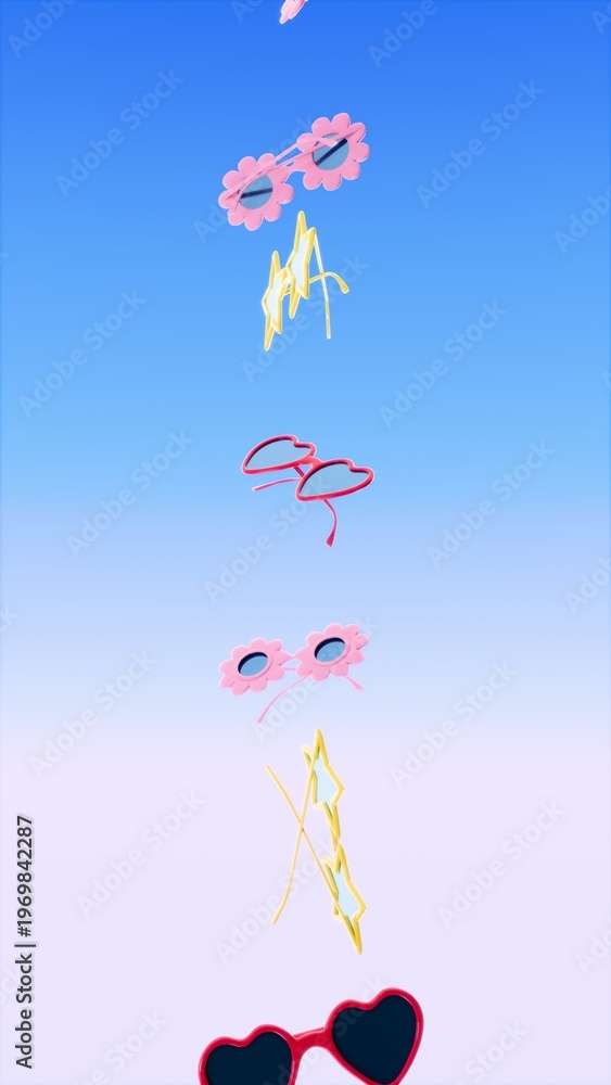 Obraz premium Vertical abstract 3D render summer sunglasses frame border promo, copyspace template banner mockup background wallpaper, eyewear shades star flower heart, blue pink yellow pool party beach vacation