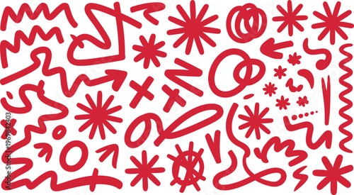 Red hand-drawn doodles of arrows, stars, and squiggly lines on white background
