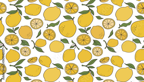 Bright seamless pattern featuring hand drawn lemons and slices on a crisp white background.